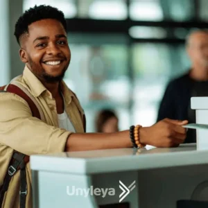 homem entregando seus documentos em um balcão para buscar vaga no exterior